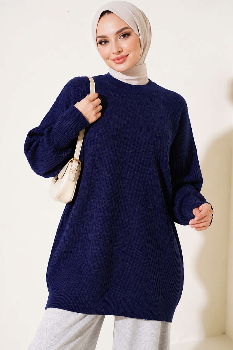 Long Cross-Rib Knit Tunic - Navy