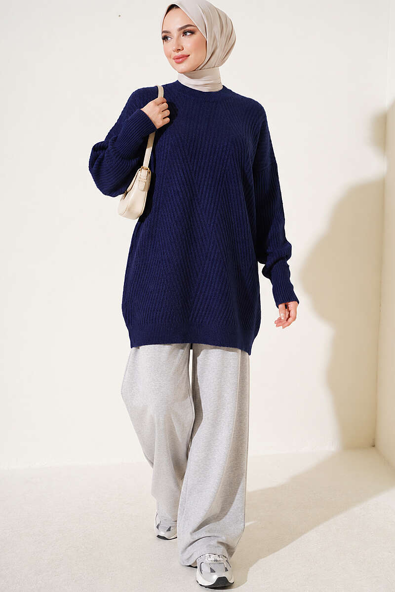 Long Cross-Rib Knit Tunic - Navy