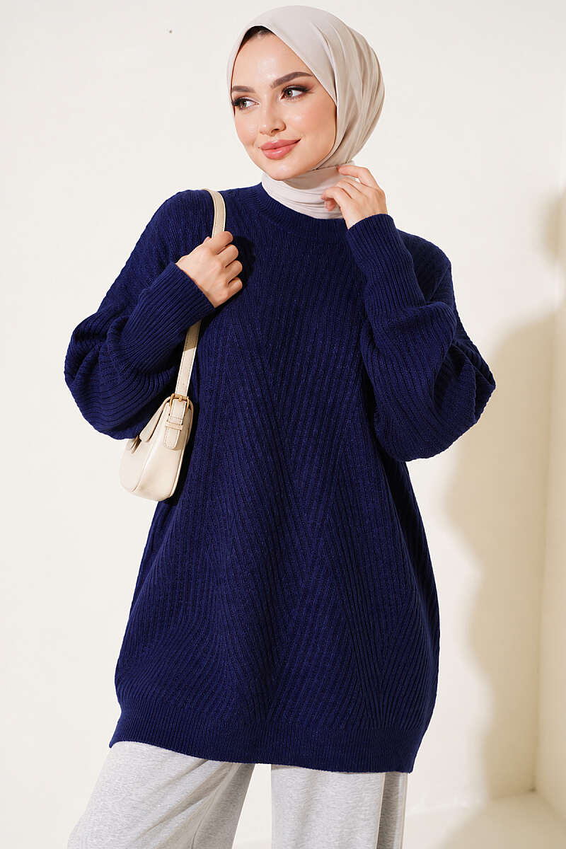 Long Cross-Rib Knit Tunic - Navy