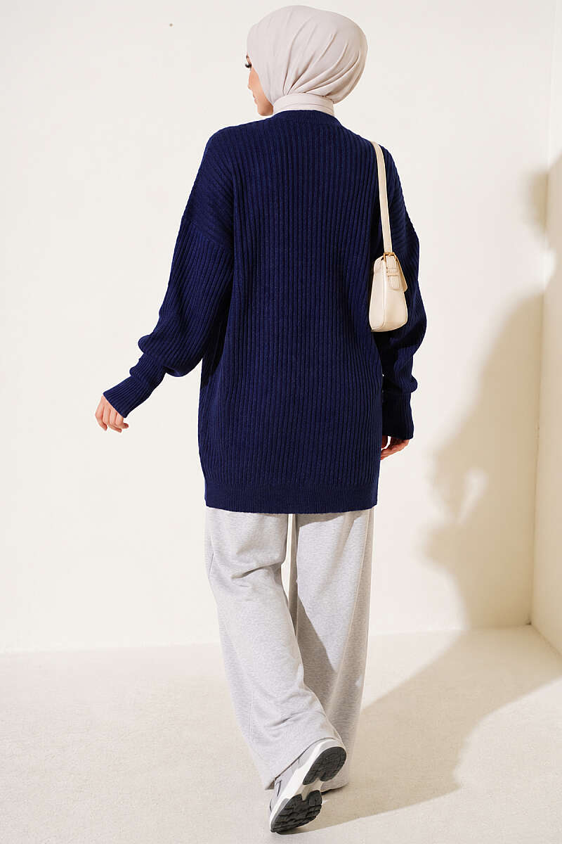 Long Cross-Rib Knit Tunic - Navy