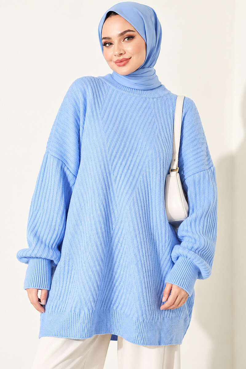 Long Cross-Rib Knit Tunic - Blue