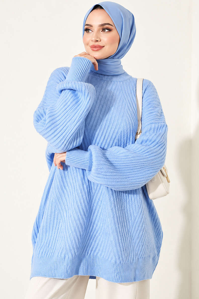 Long Cross-Rib Knit Tunic - Blue