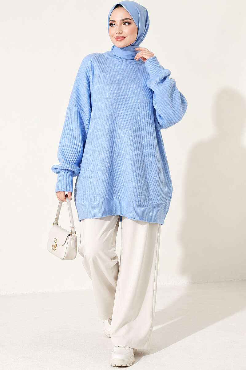 Long Cross-Rib Knit Tunic - Blue
