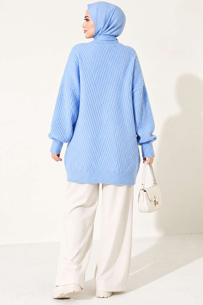 Long Cross-Rib Knit Tunic - Blue