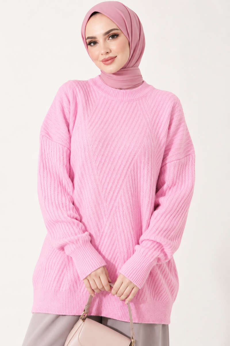 Long Cross-Rib Knit Tunic - Pink