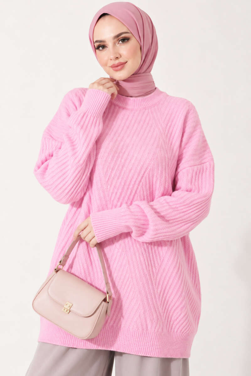 Long Cross-Rib Knit Tunic - Pink