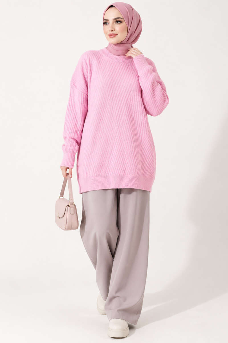 Long Cross-Rib Knit Tunic - Pink
