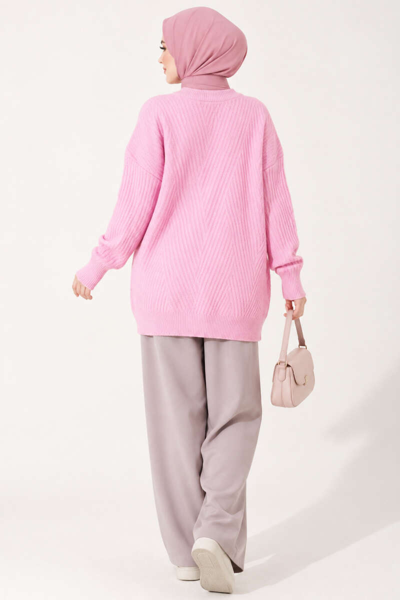 Long Cross-Rib Knit Tunic - Pink