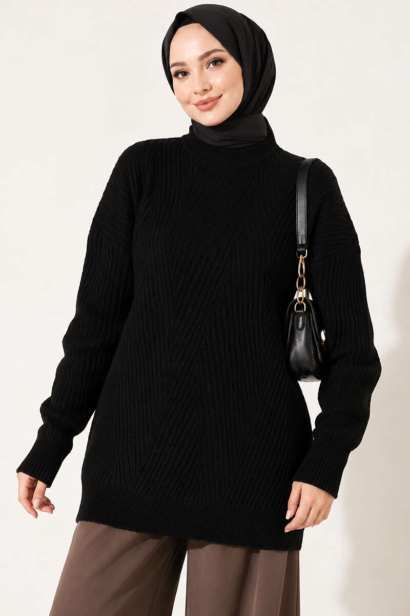 Long Cross-Rib Knit Tunic - Black