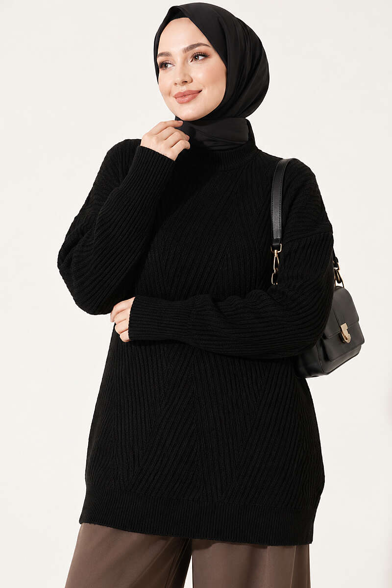 Long Cross-Rib Knit Tunic - Black