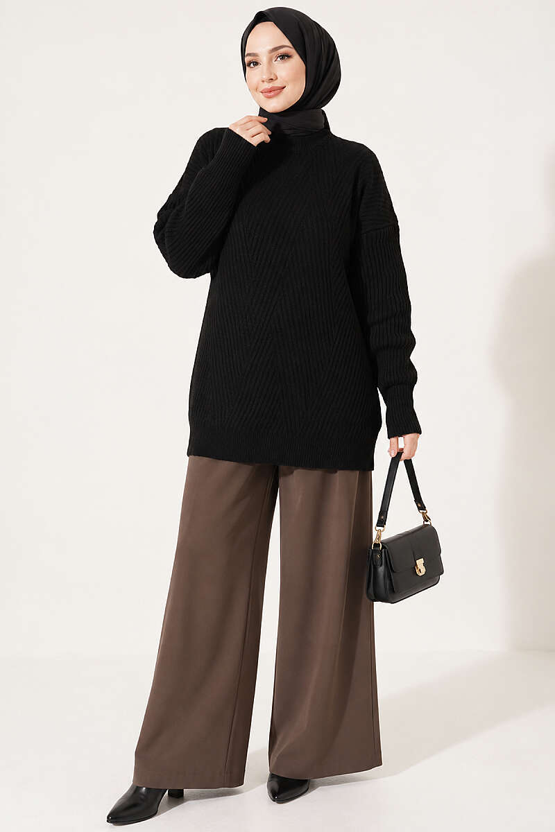 Long Cross-Rib Knit Tunic - Black