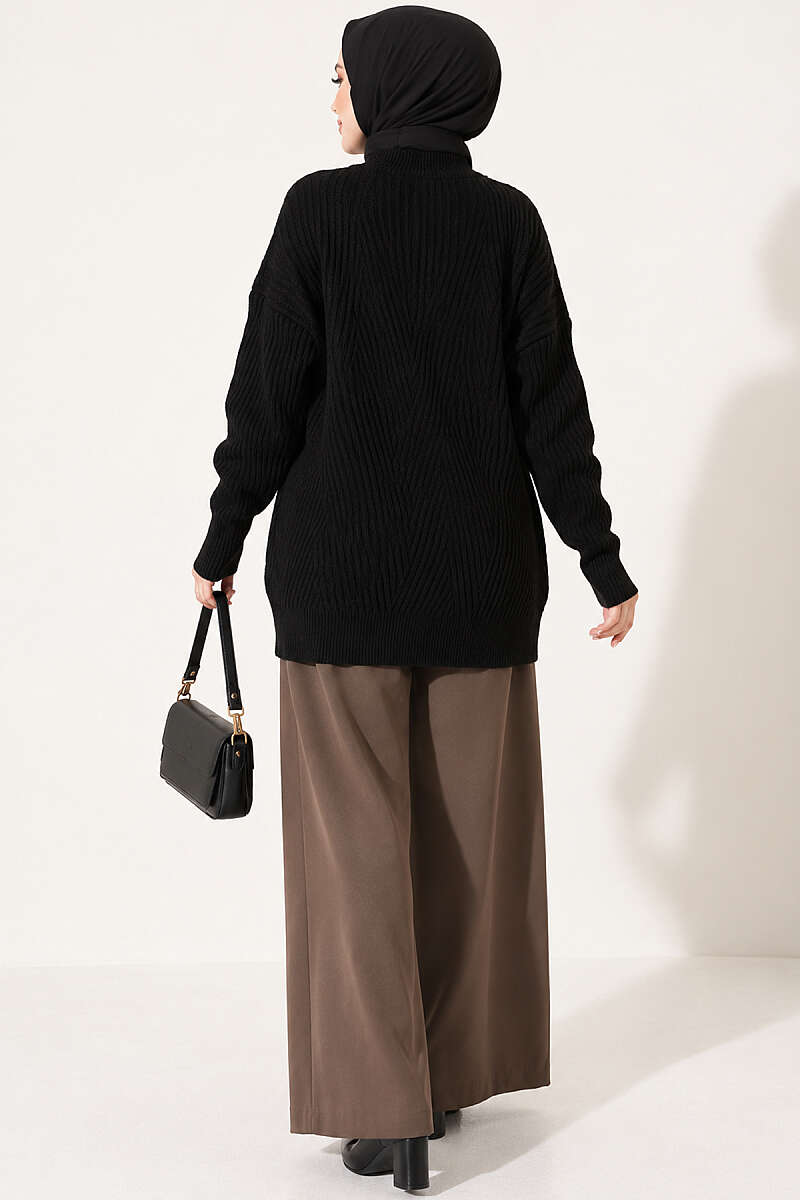 Long Cross-Rib Knit Tunic - Black
