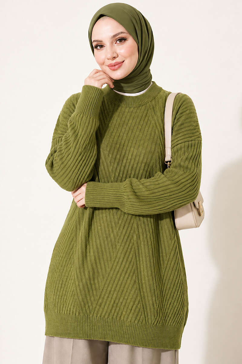 Long Cross-Rib Knit Tunic - Green
