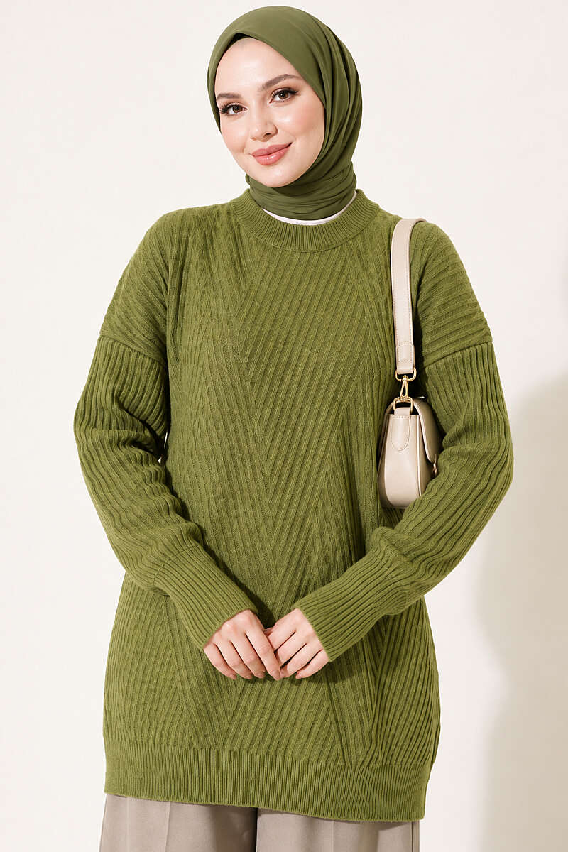 Long Cross-Rib Knit Tunic - Green
