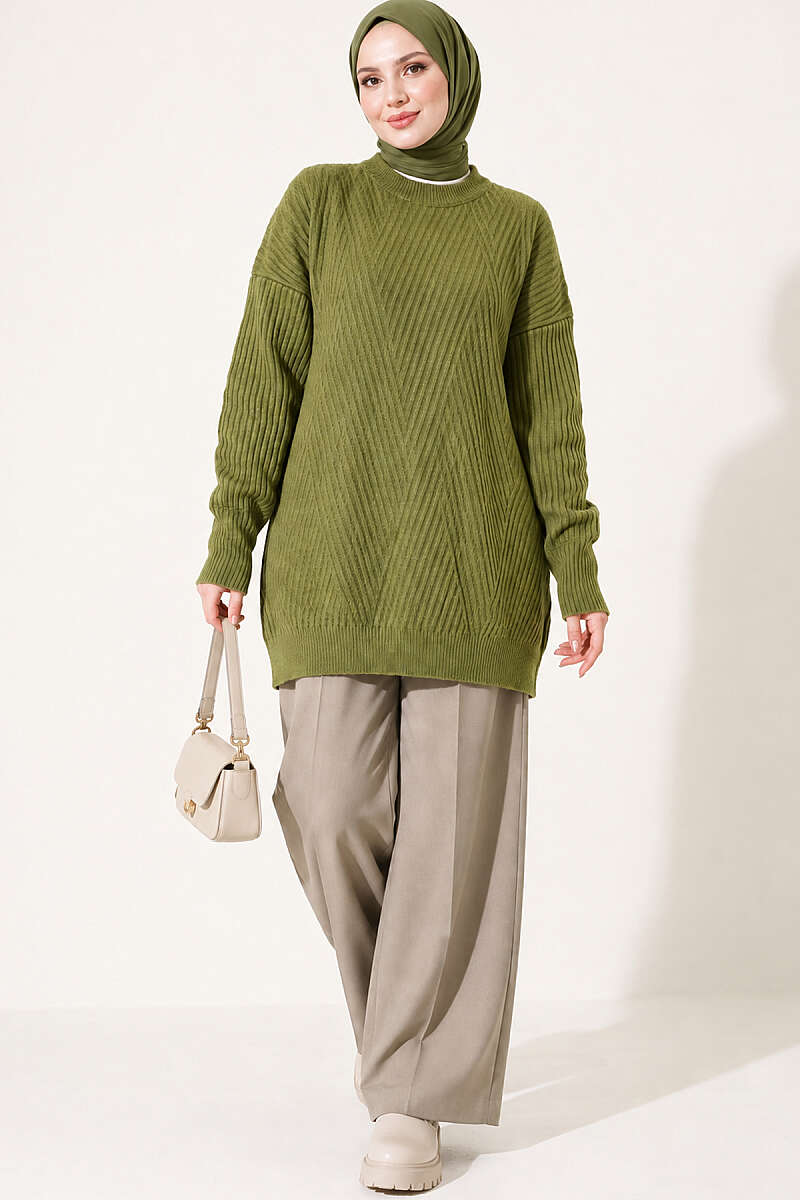 Long Cross-Rib Knit Tunic - Green