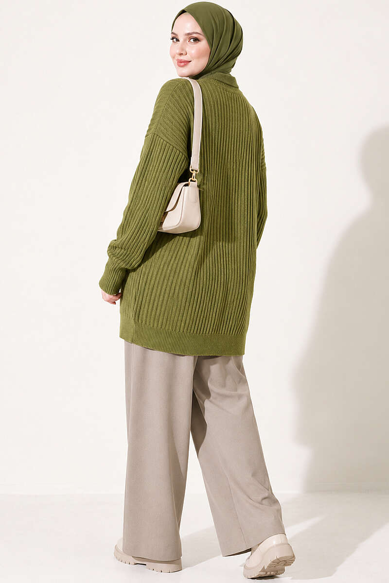 Long Cross-Rib Knit Tunic - Green