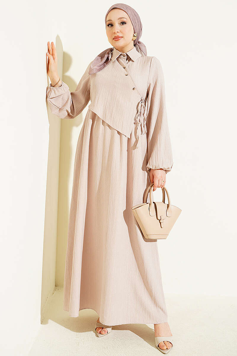 Dress with Crossover Bodice Panels - Beige