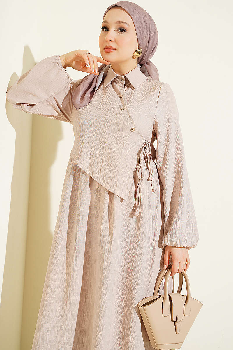 Dress with Crossover Bodice Panels - Beige