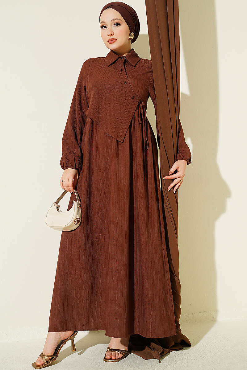 Dress with Crossover Bodice Panels - Brown