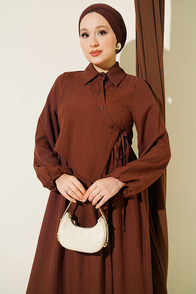Dress with Crossover Bodice Panels - Brown