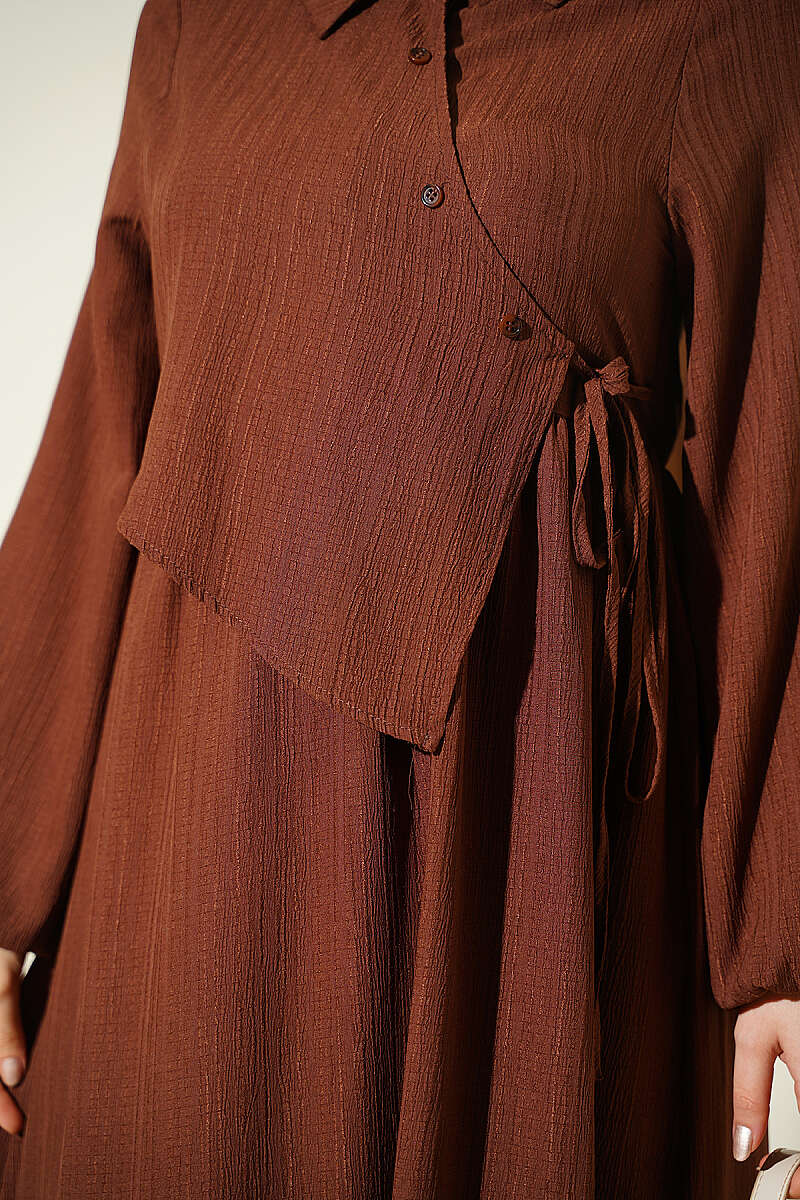 Dress with Crossover Bodice Panels - Brown