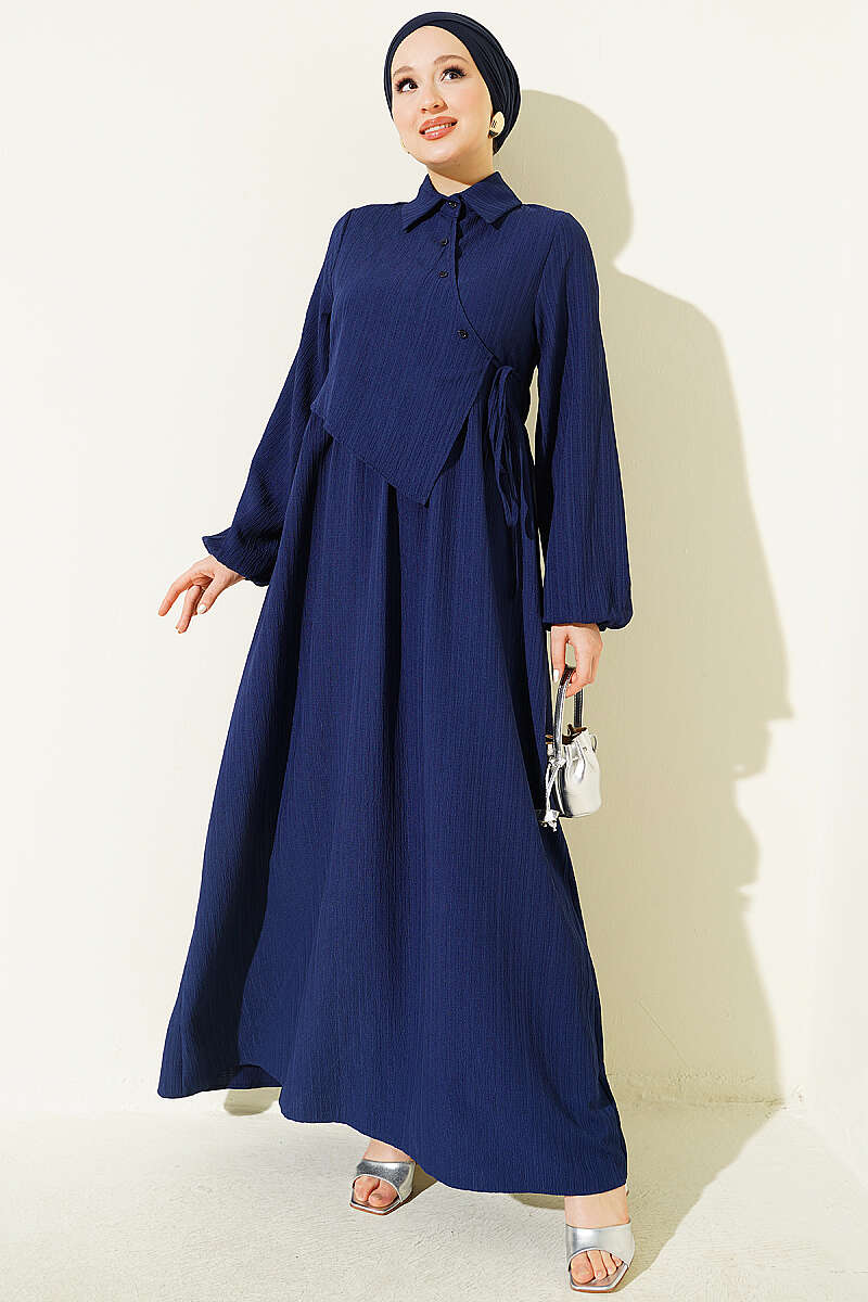 Dress with Crossover Bodice Panels - Navy