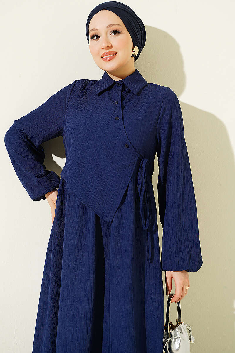 Dress with Crossover Bodice Panels - Navy