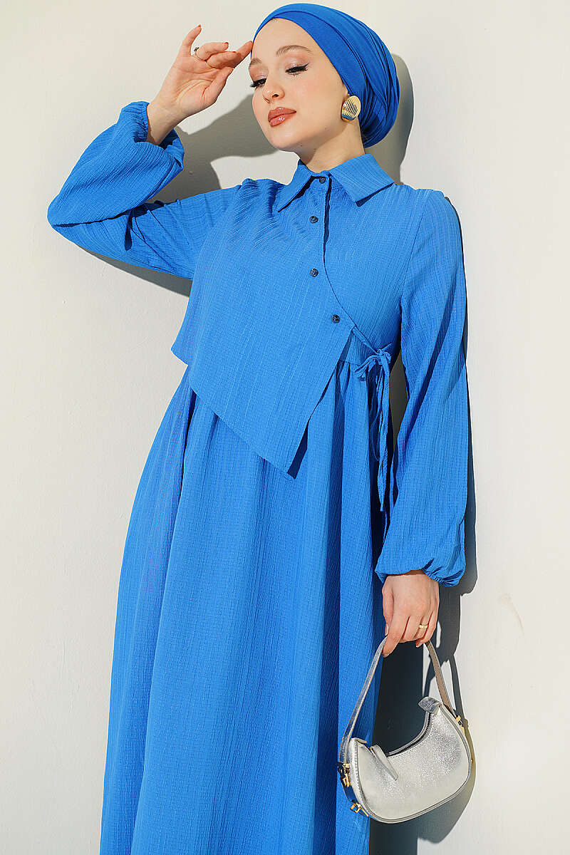 Dress with Crossover Bodice Panels - Saxe Blue