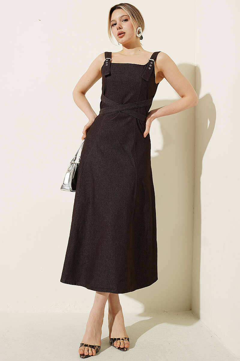 Strappy Denim Dress with Cross Belt - Brown