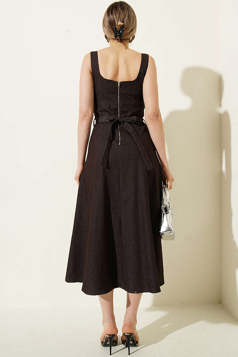 Strappy Denim Dress with Cross Belt - Brown
