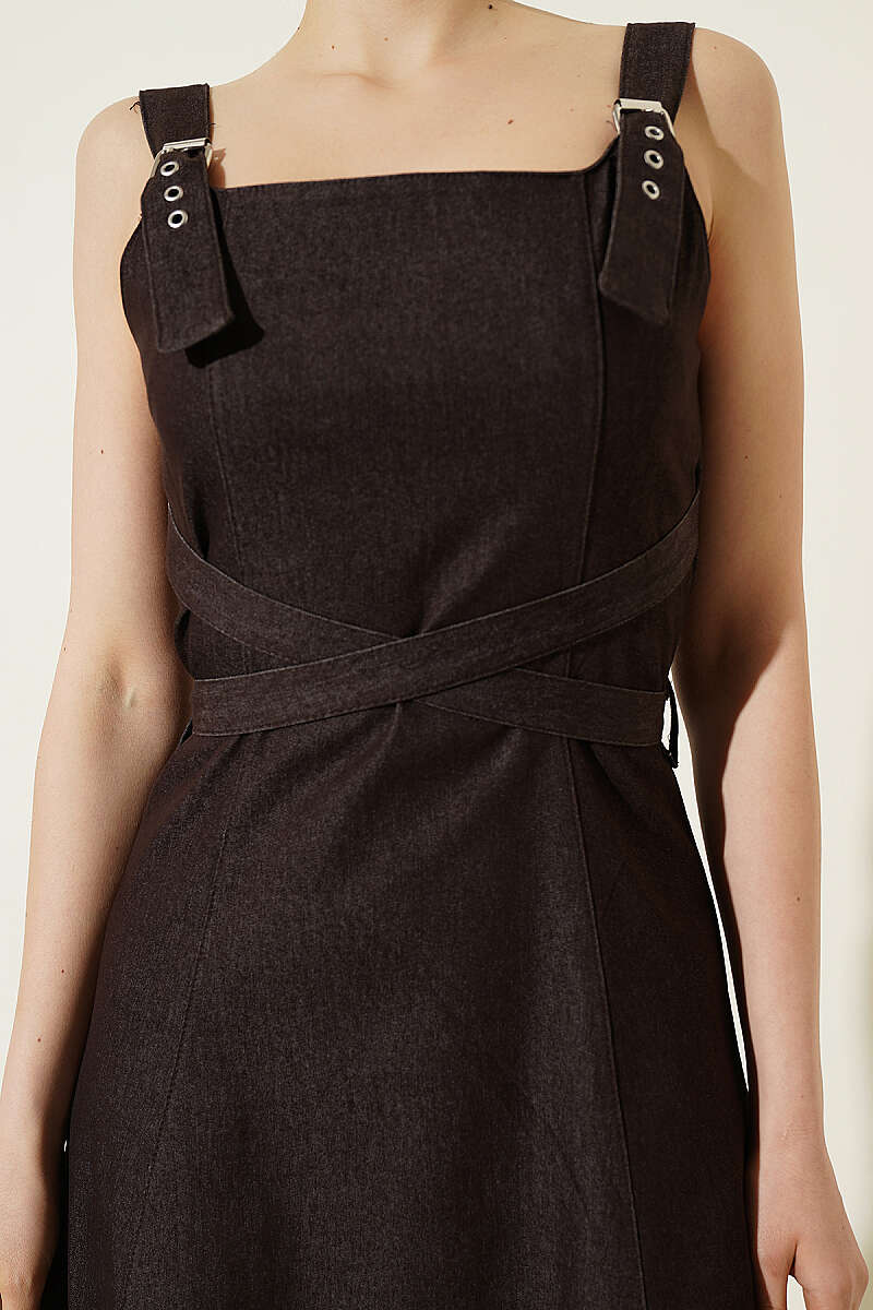 Strappy Denim Dress with Cross Belt - Brown
