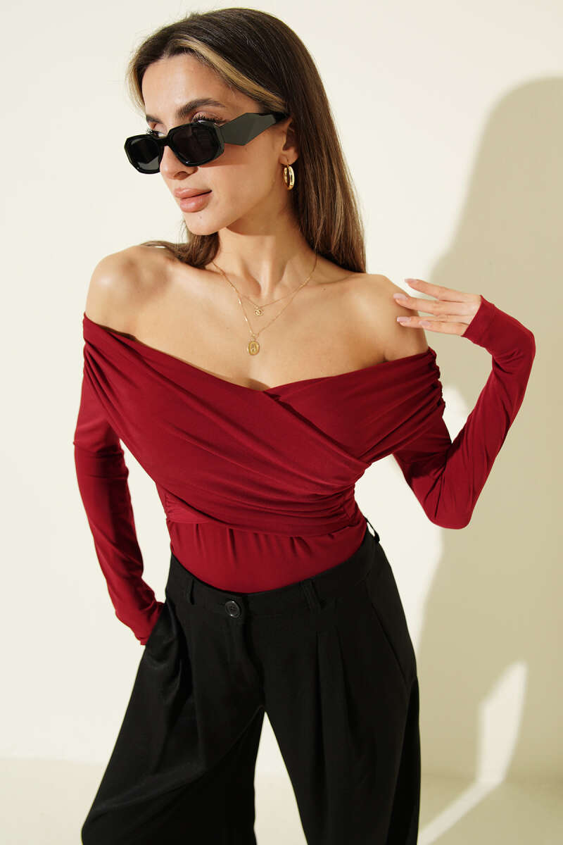 Cross Madonna-Neck Sandy Blouse - Burgundy