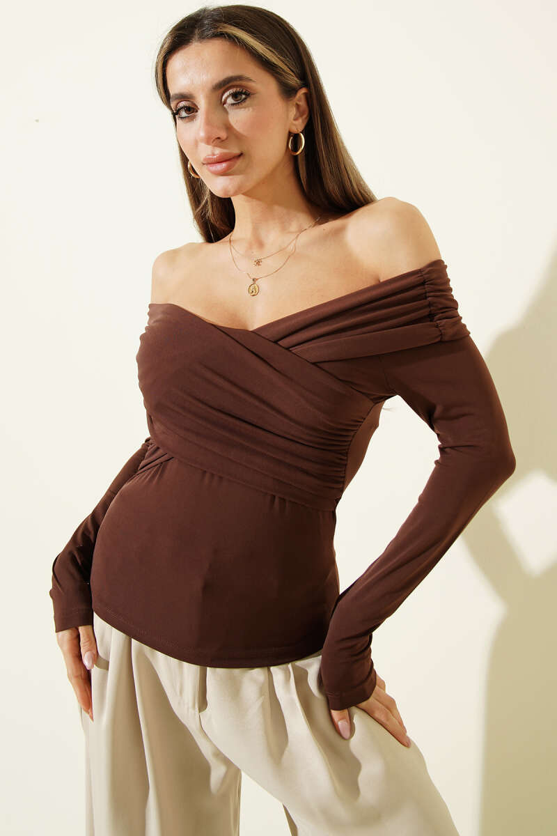 Cross Madonna-Neck Sandy Blouse - Brown