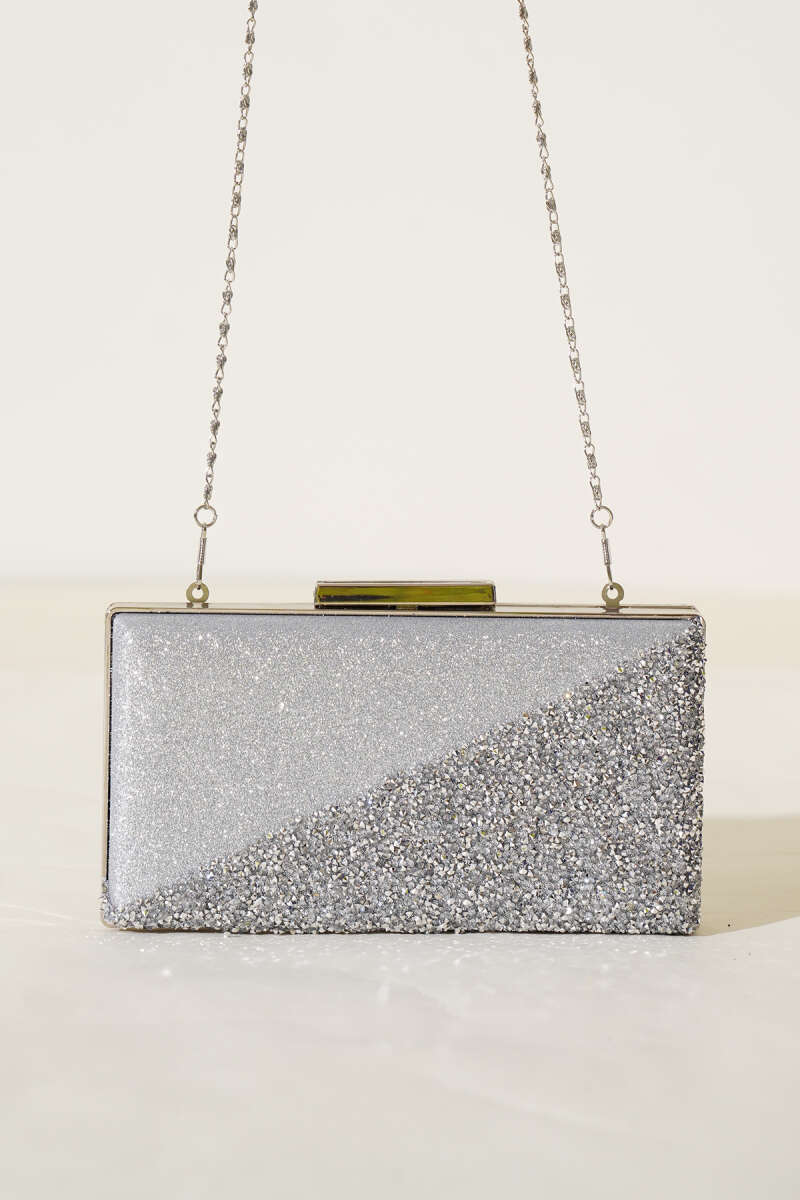 Rectangular Stone Crossbody Evening Bag - Silver