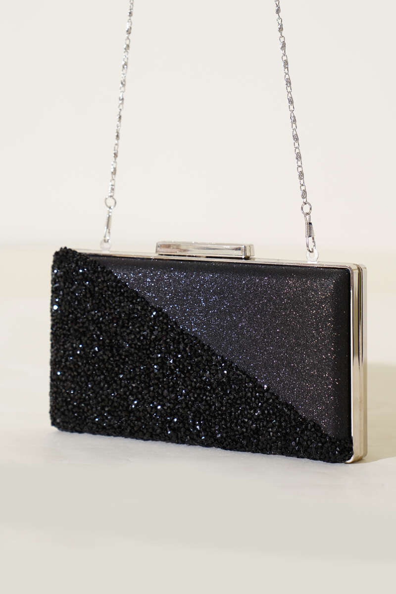 Rectangular Stone Crossbody Evening Bag - Black
