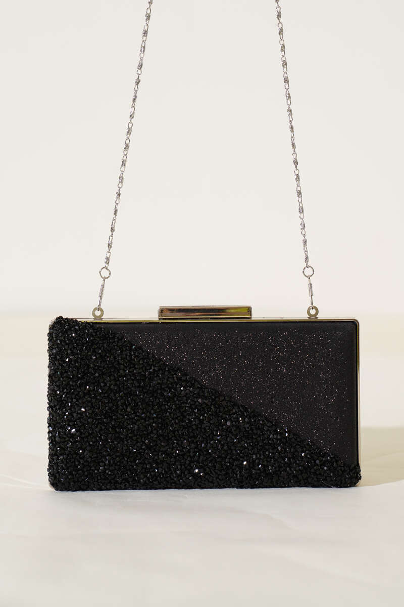 Rectangular Stone Crossbody Evening Bag - Black