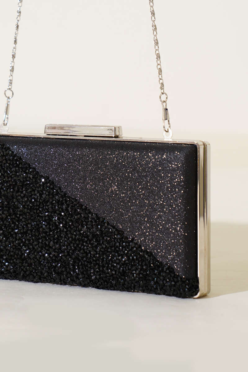 Rectangular Stone Crossbody Evening Bag - Black