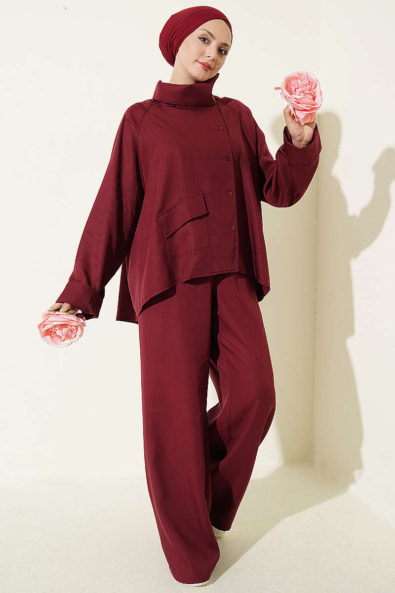 Wrap-Collar Button Two-Piece Set - Burgundy