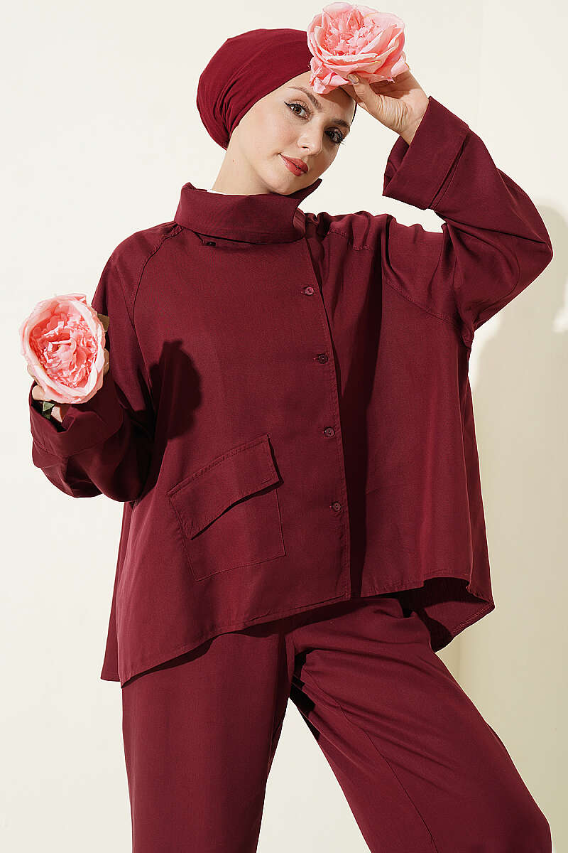 Wrap-Collar Button Two-Piece Set - Burgundy