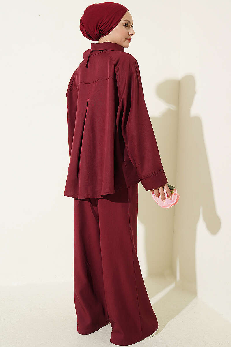 Wrap-Collar Button Two-Piece Set - Burgundy