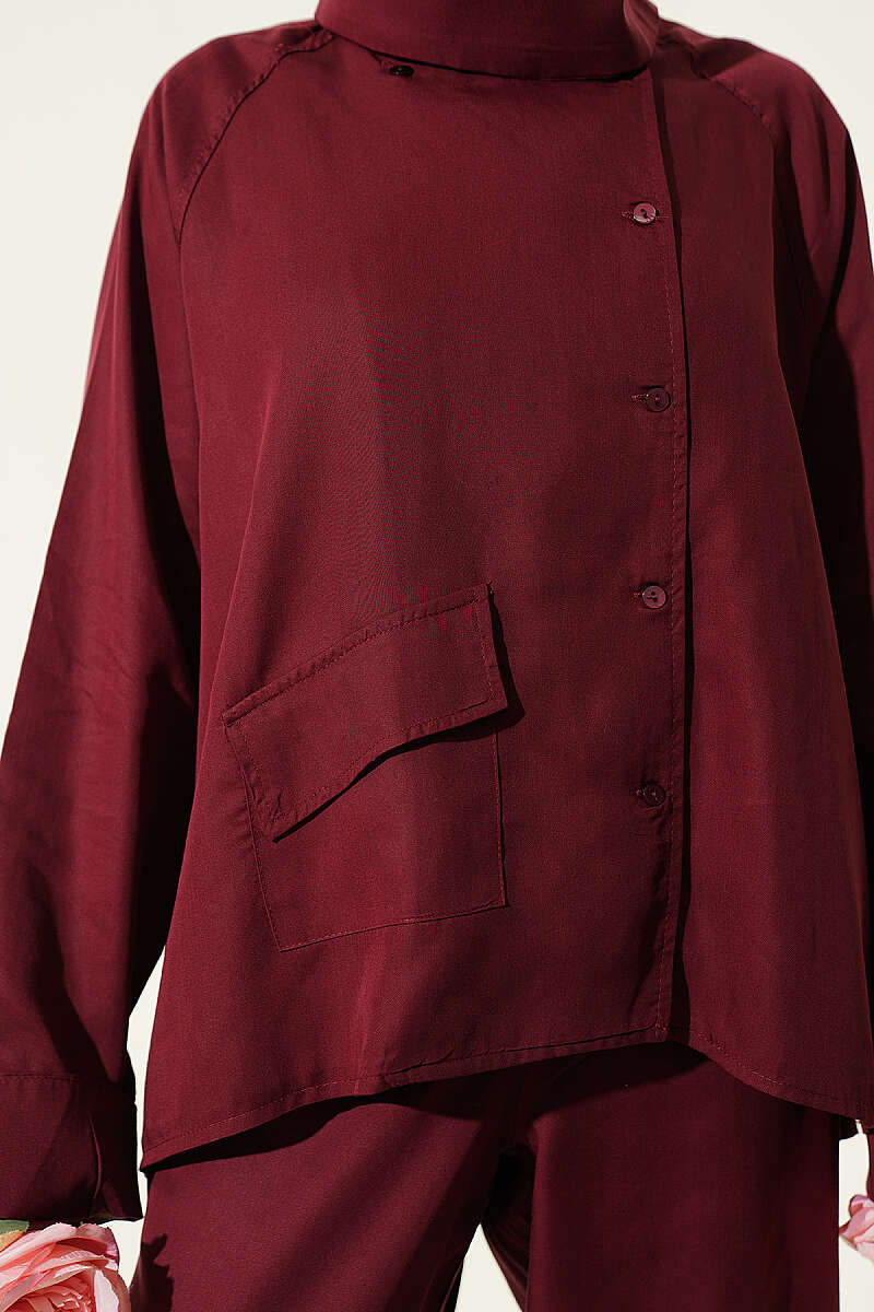 Wrap-Collar Button Two-Piece Set - Burgundy