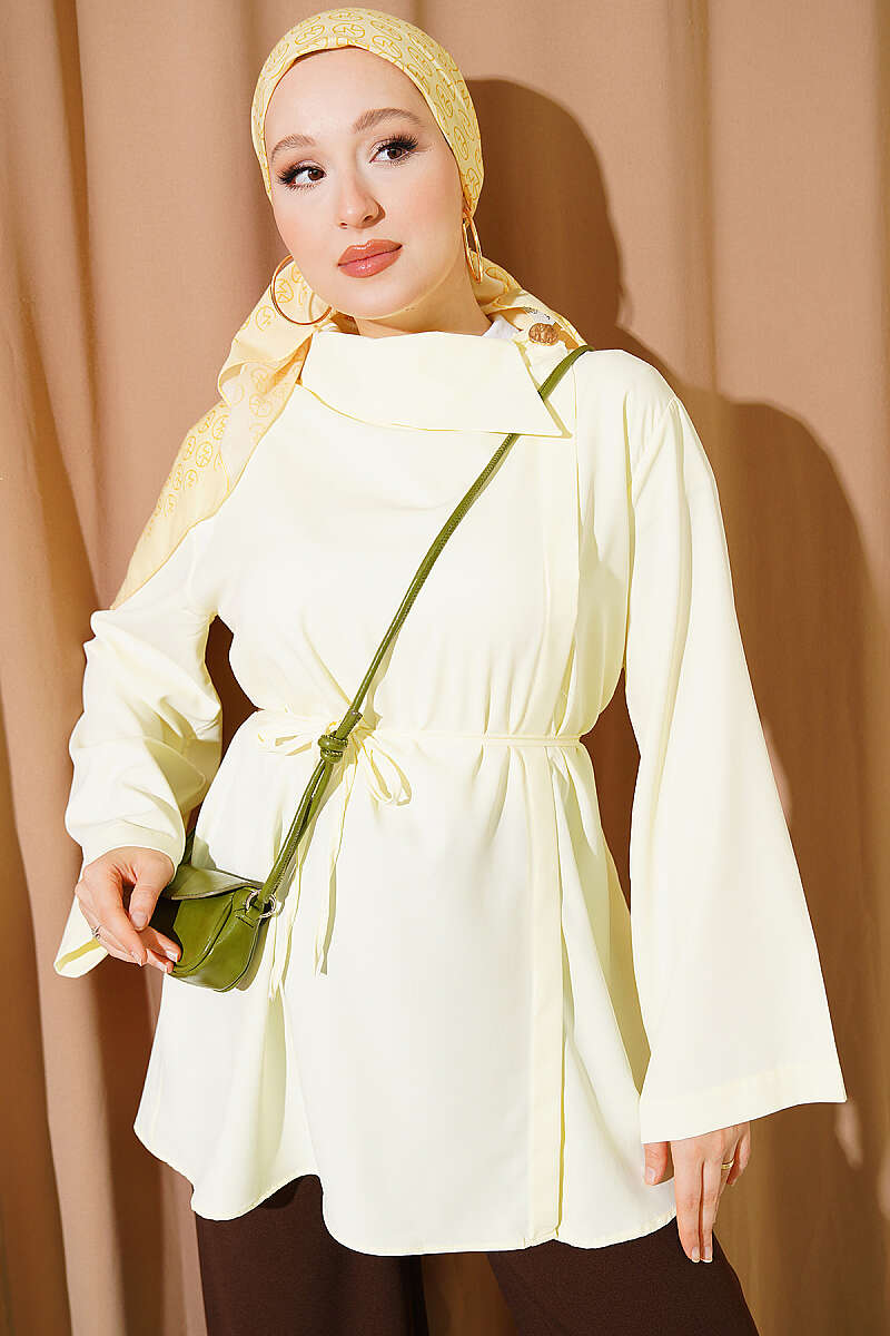 Wrap-Collar Shirt with Concealed Buttons - Yellow