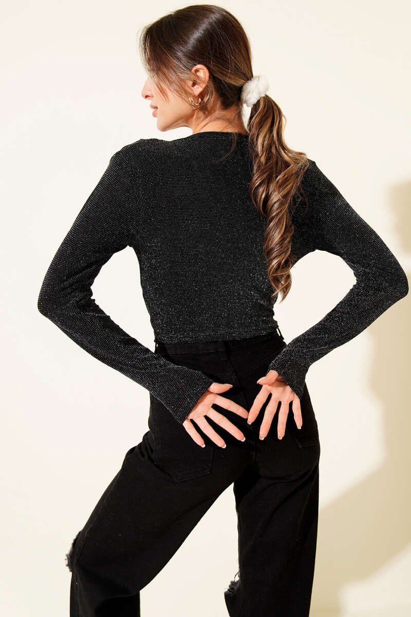 Glitter Wrap-Neck Blouse - Black