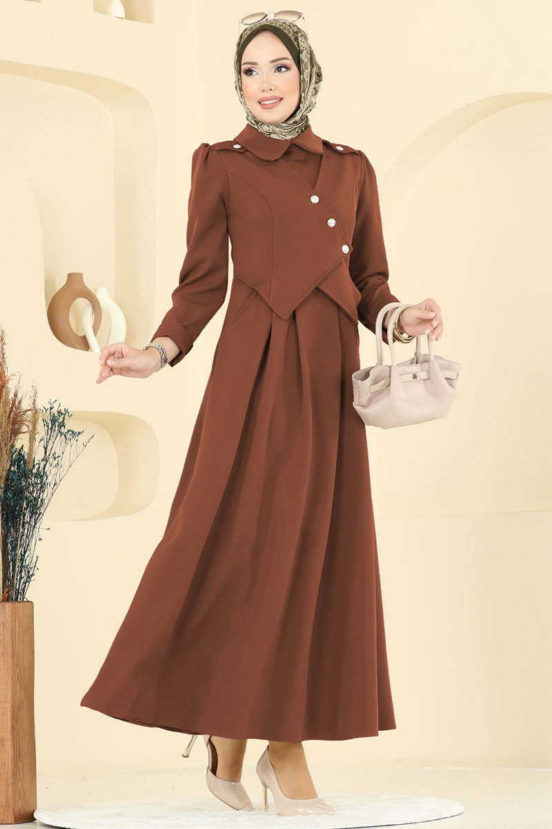 Double Knit Dress with Jacket Detail - Brown