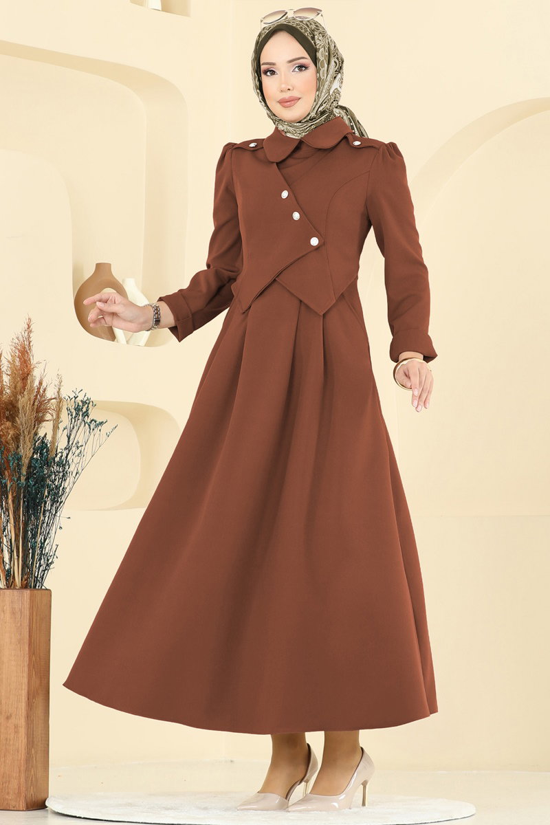 Double Knit Dress with Jacket Detail - Brown