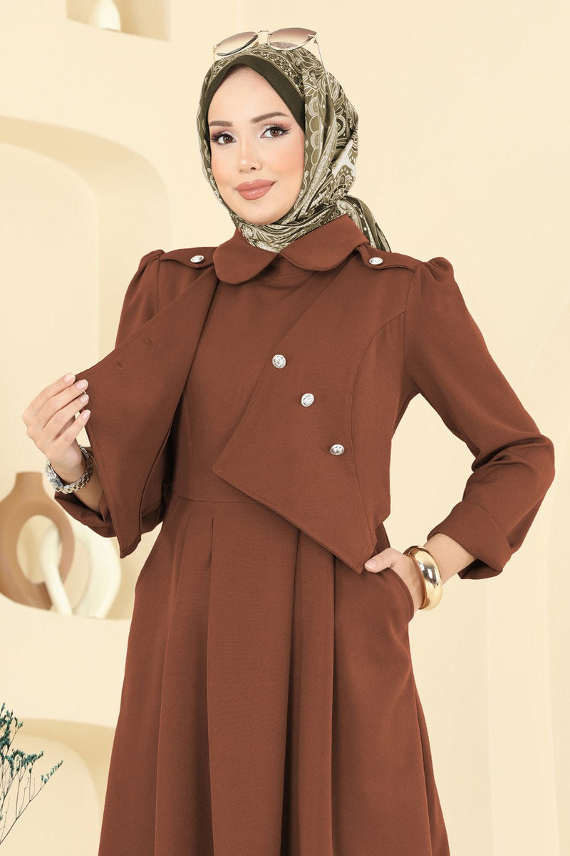 Double Knit Dress with Jacket Detail - Brown