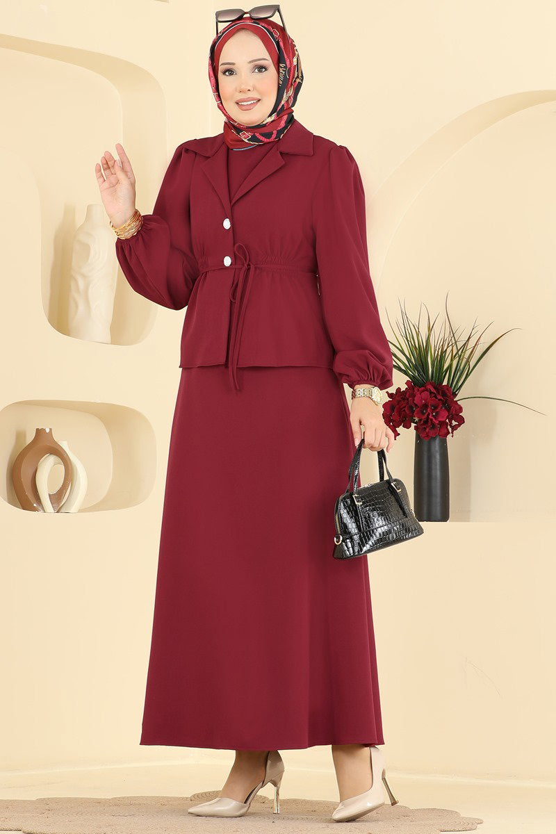 Double Knit Dress with Jacket - Burgundy