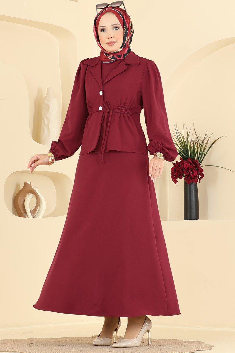 Double Knit Dress with Jacket - Burgundy