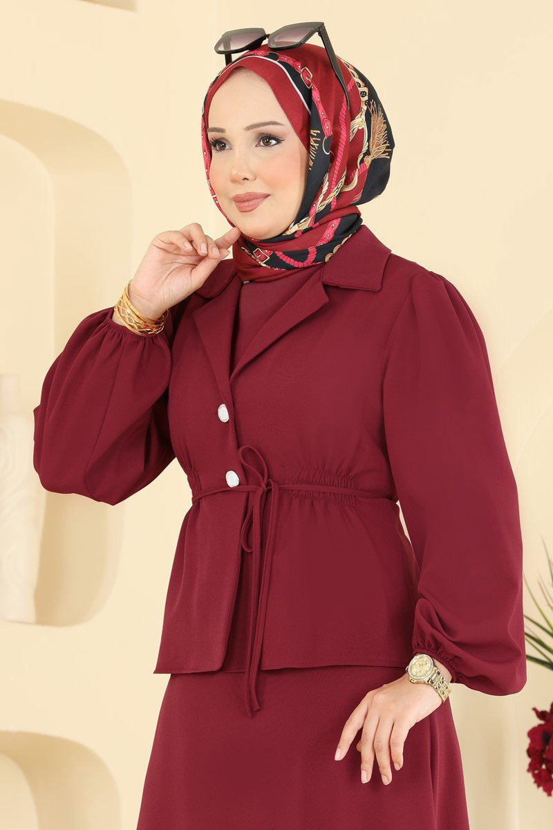 Double Knit Dress with Jacket - Burgundy