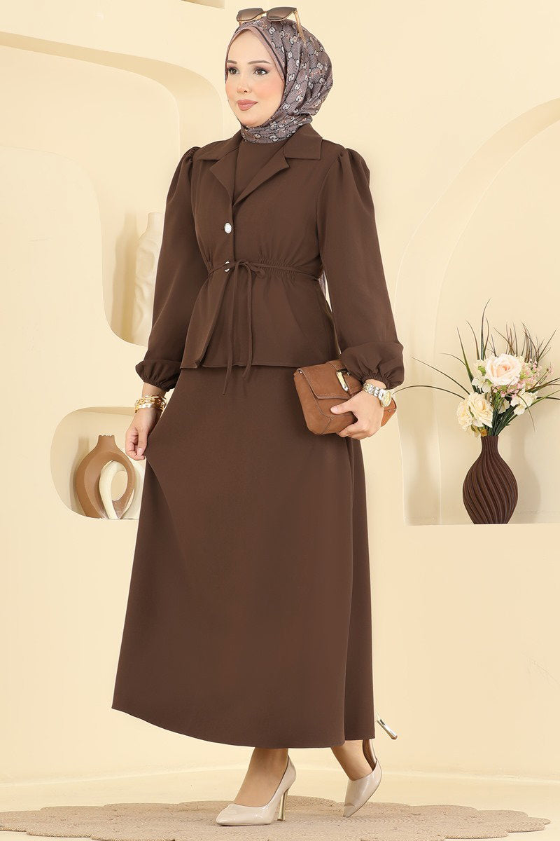Double Knit Dress with Jacket - Brown